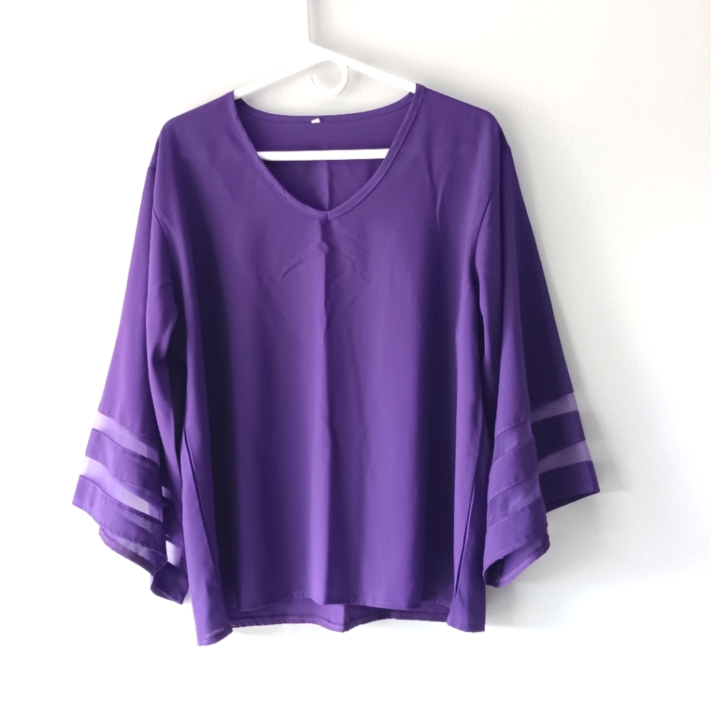 Purple V-Neck Wide Sleeve Mesh Cutout Lightweight Long-Sleeved Blouse XL 1X 2X
